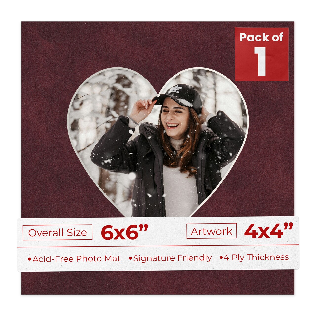 Dark Red Suede Mat Board for 6x6 Frames - Heart Opening for 4x4 Photos